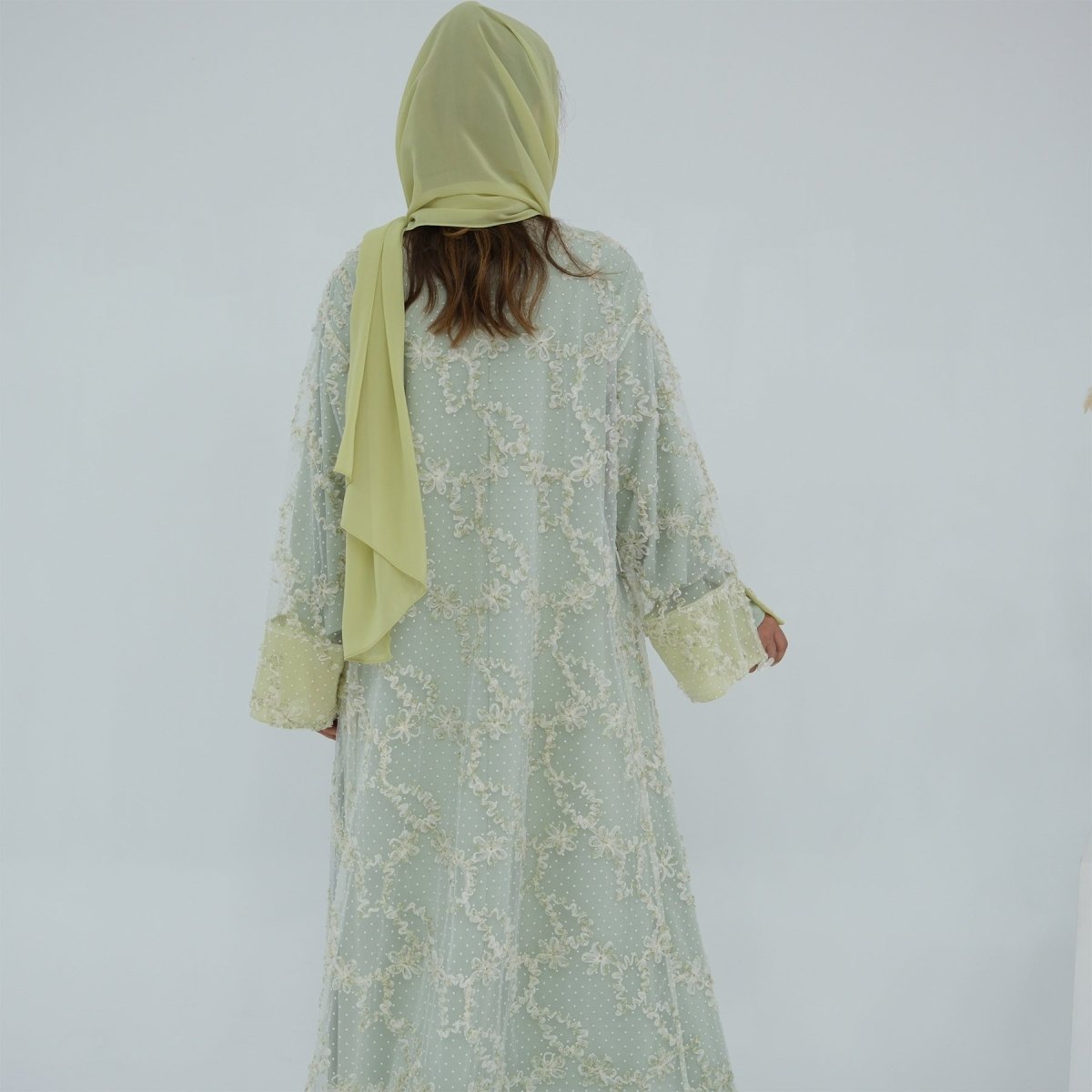 3D Floral Mesh Open Abaya(MOA288) - Mariam's Collection