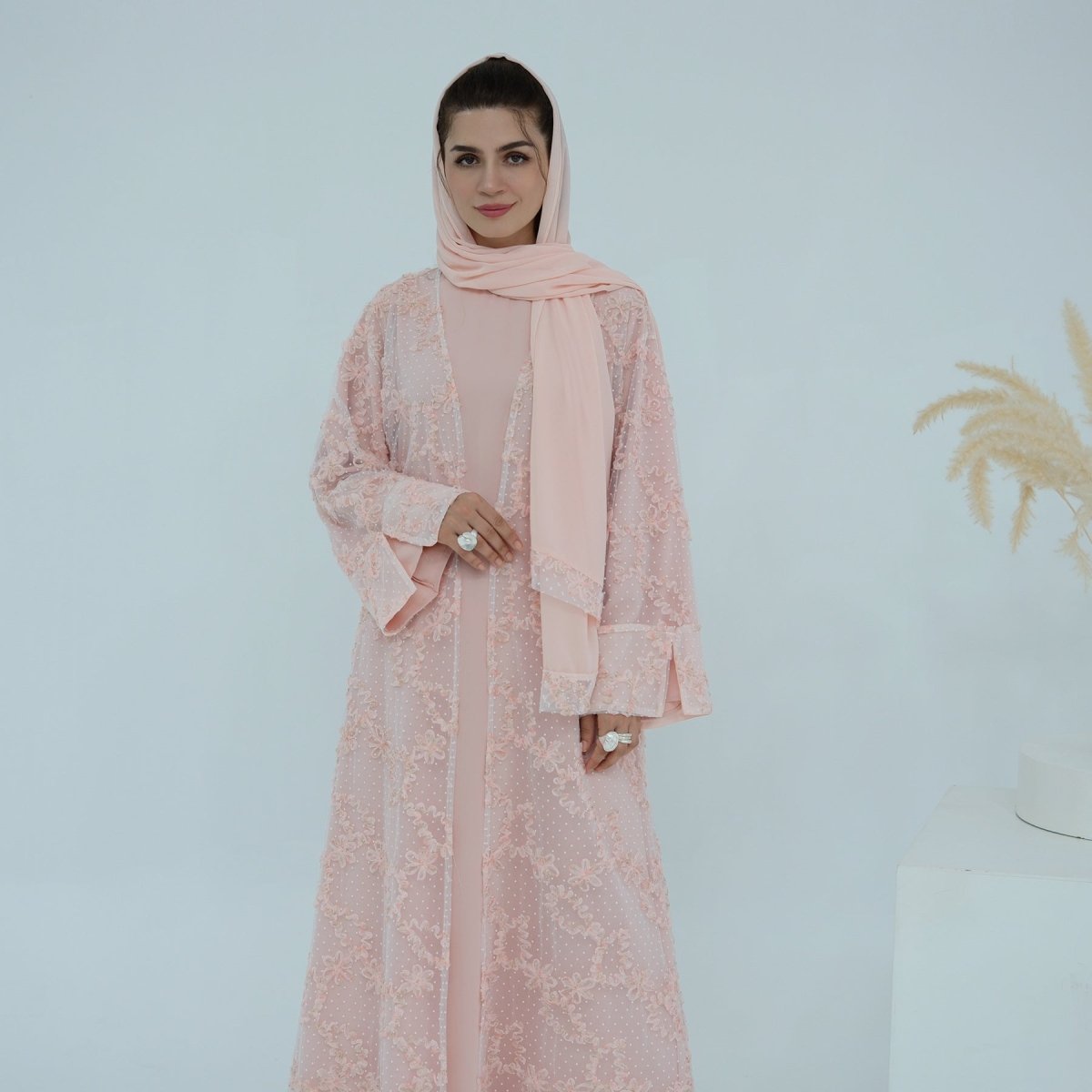 3D Floral Mesh Open Abaya(MOA288) - Mariam's Collection