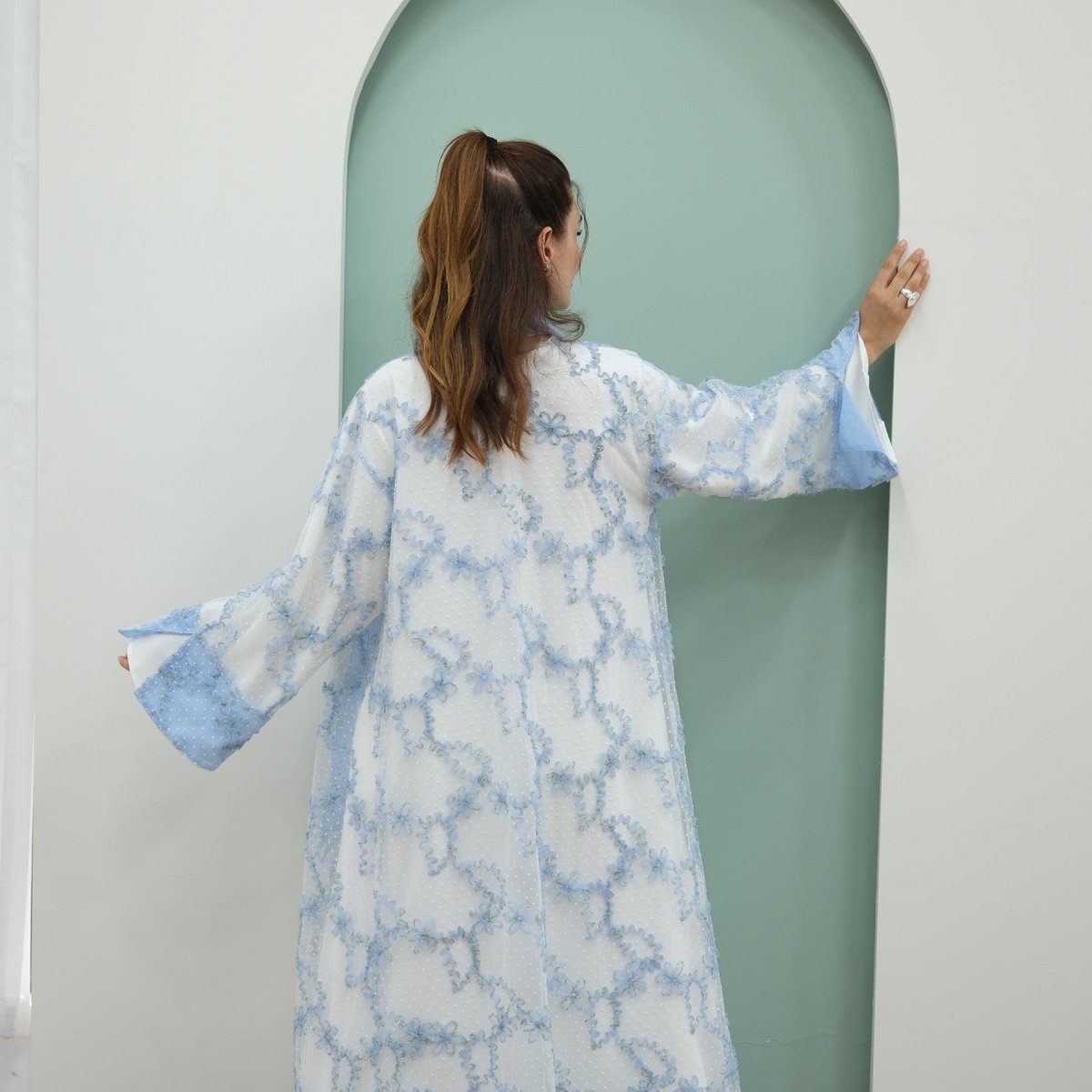 3D Floral Mesh Open Abaya(MOA288) - Mariam's Collection