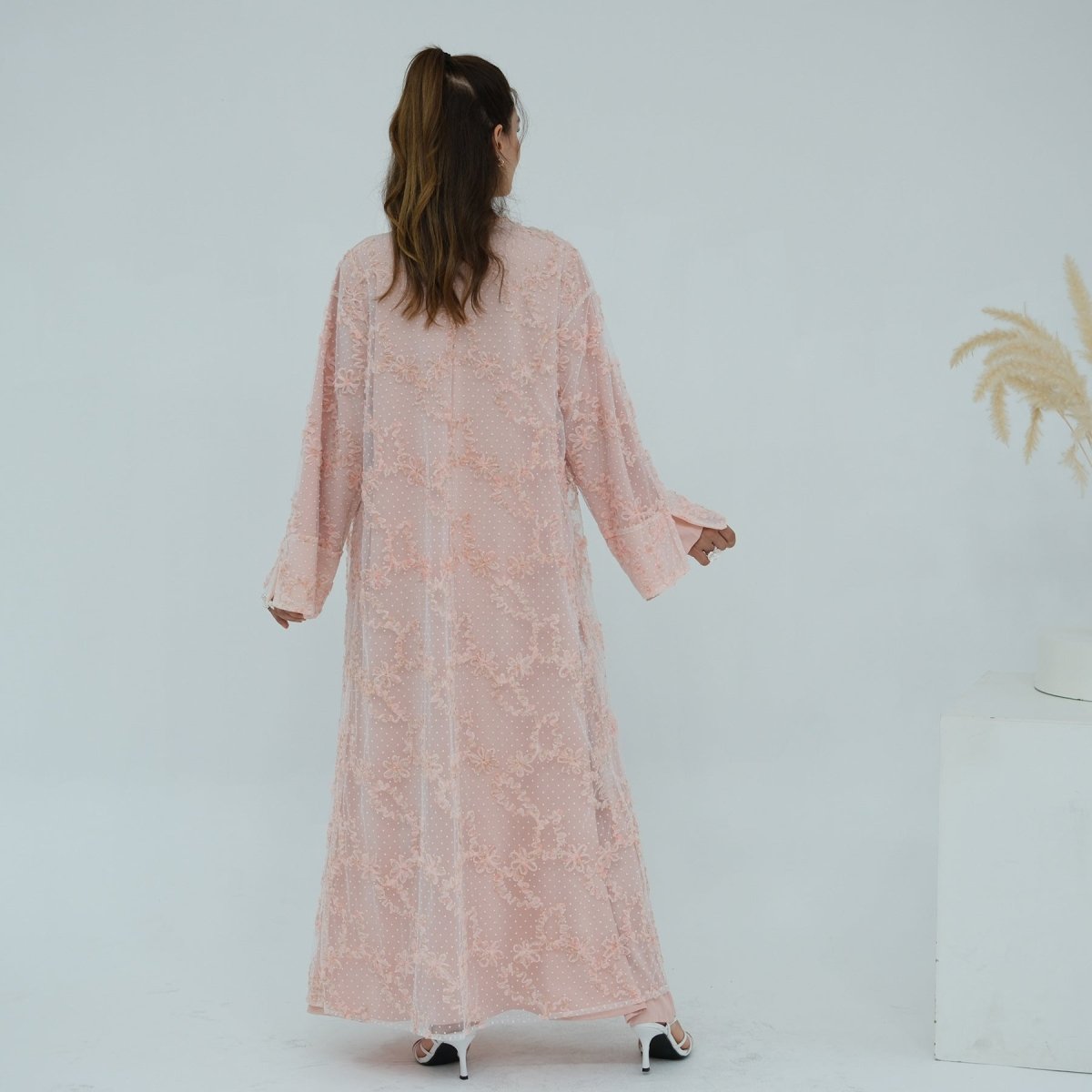 3D Floral Mesh Open Abaya(MOA288) - Mariam's Collection