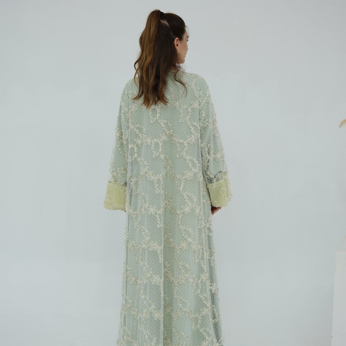 3D Floral Mesh Open Abaya(MOA288) - Mariam's Collection