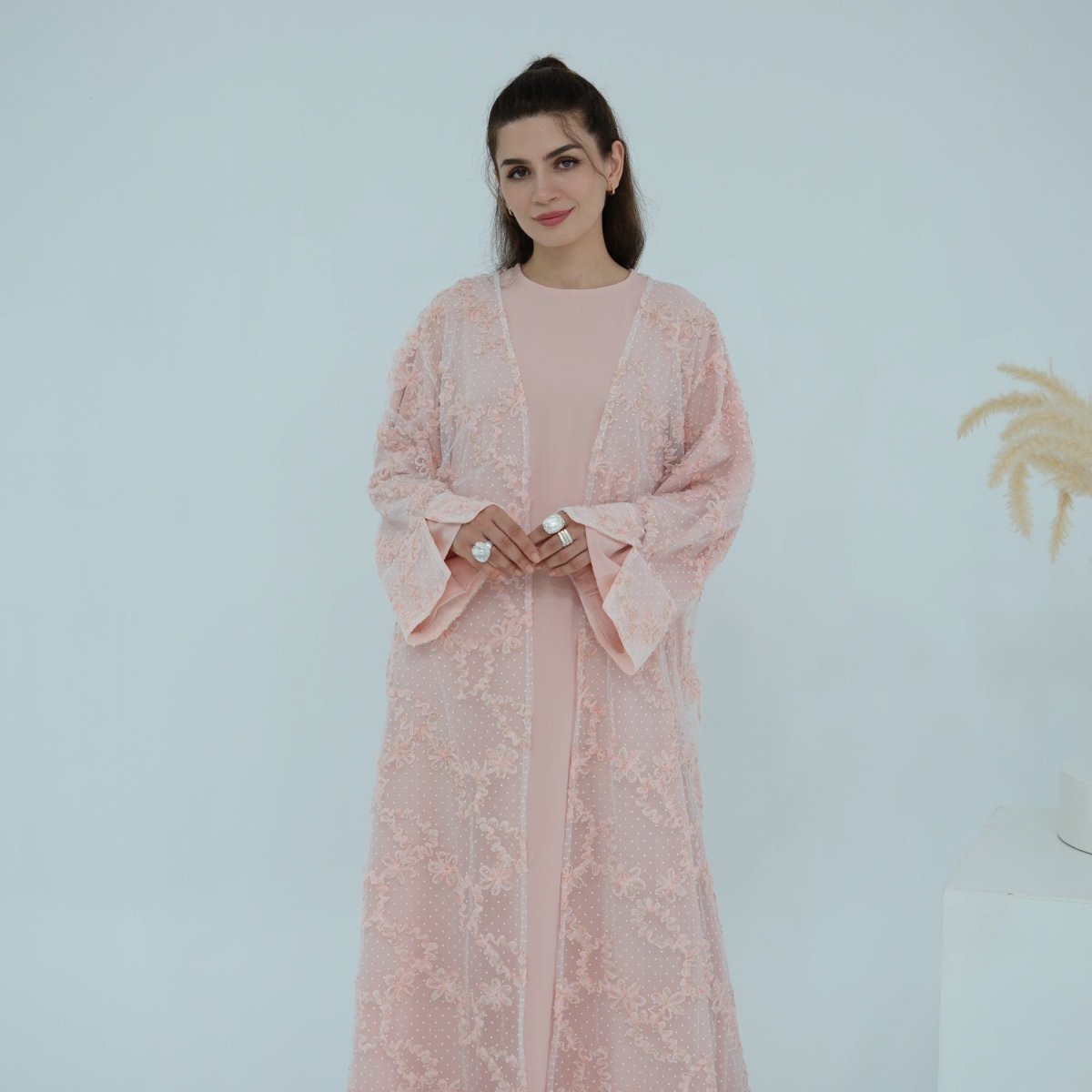3D Floral Mesh Open Abaya(MOA288) - Mariam's Collection