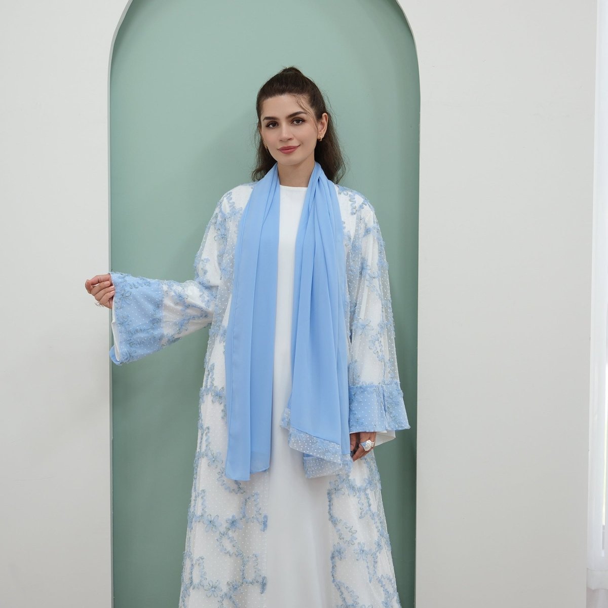 3D Floral Mesh Open Abaya(MOA288) - Mariam's Collection