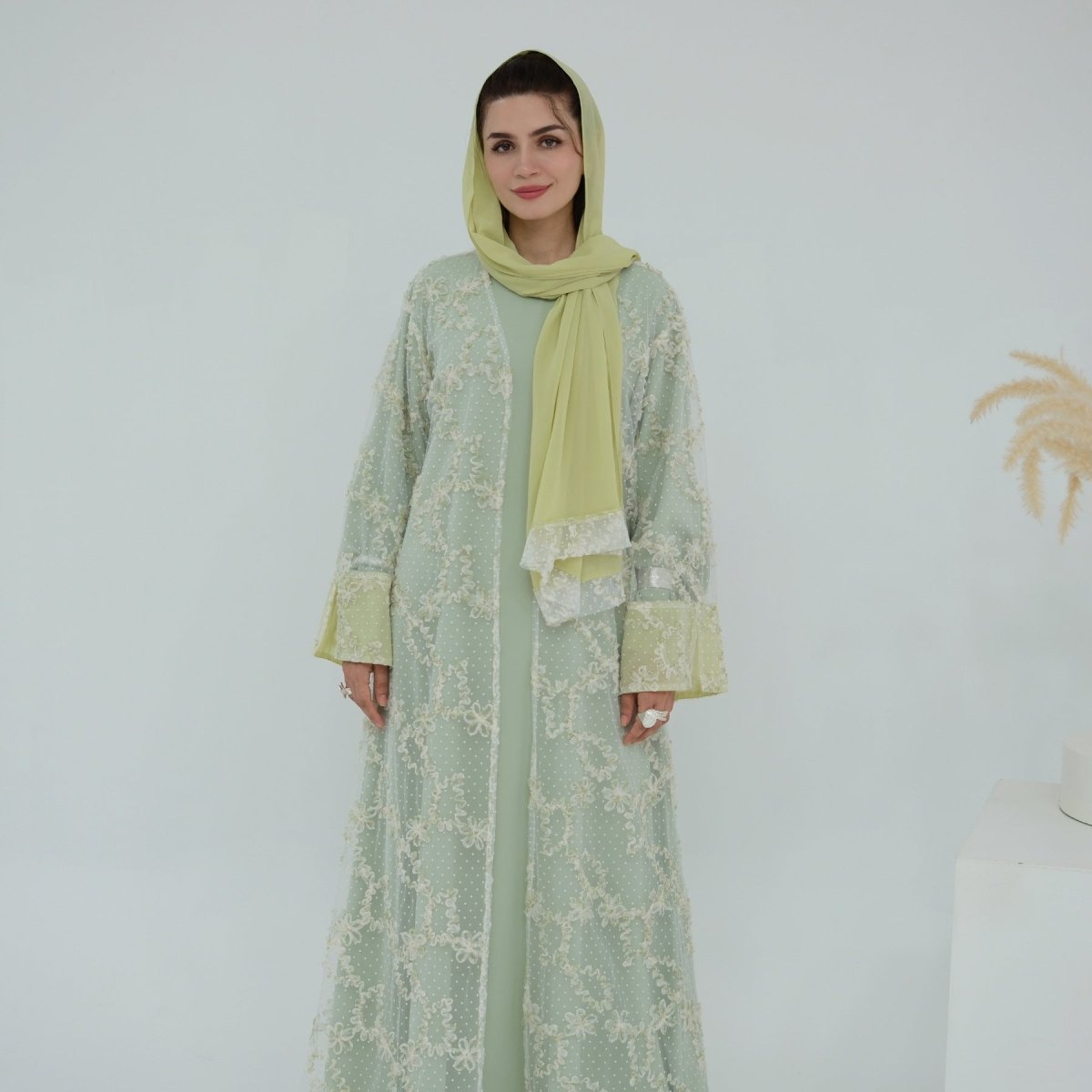 3D Floral Mesh Open Abaya(MOA288) - Mariam's Collection