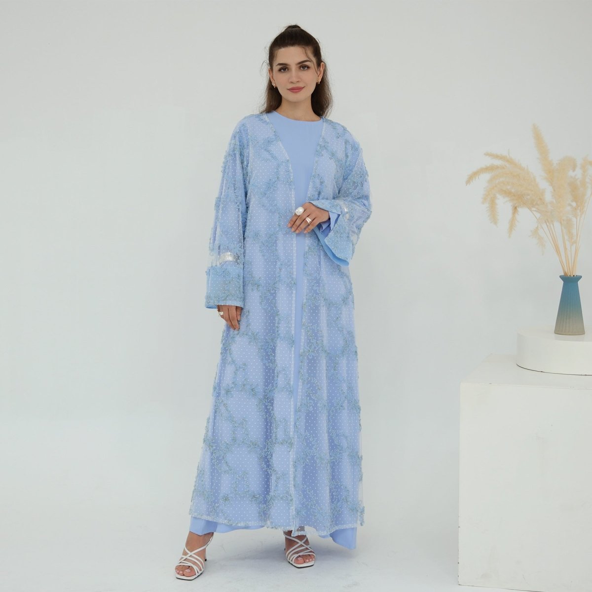 3D Floral Mesh Open Abaya(MOA288) - Mariam's Collection