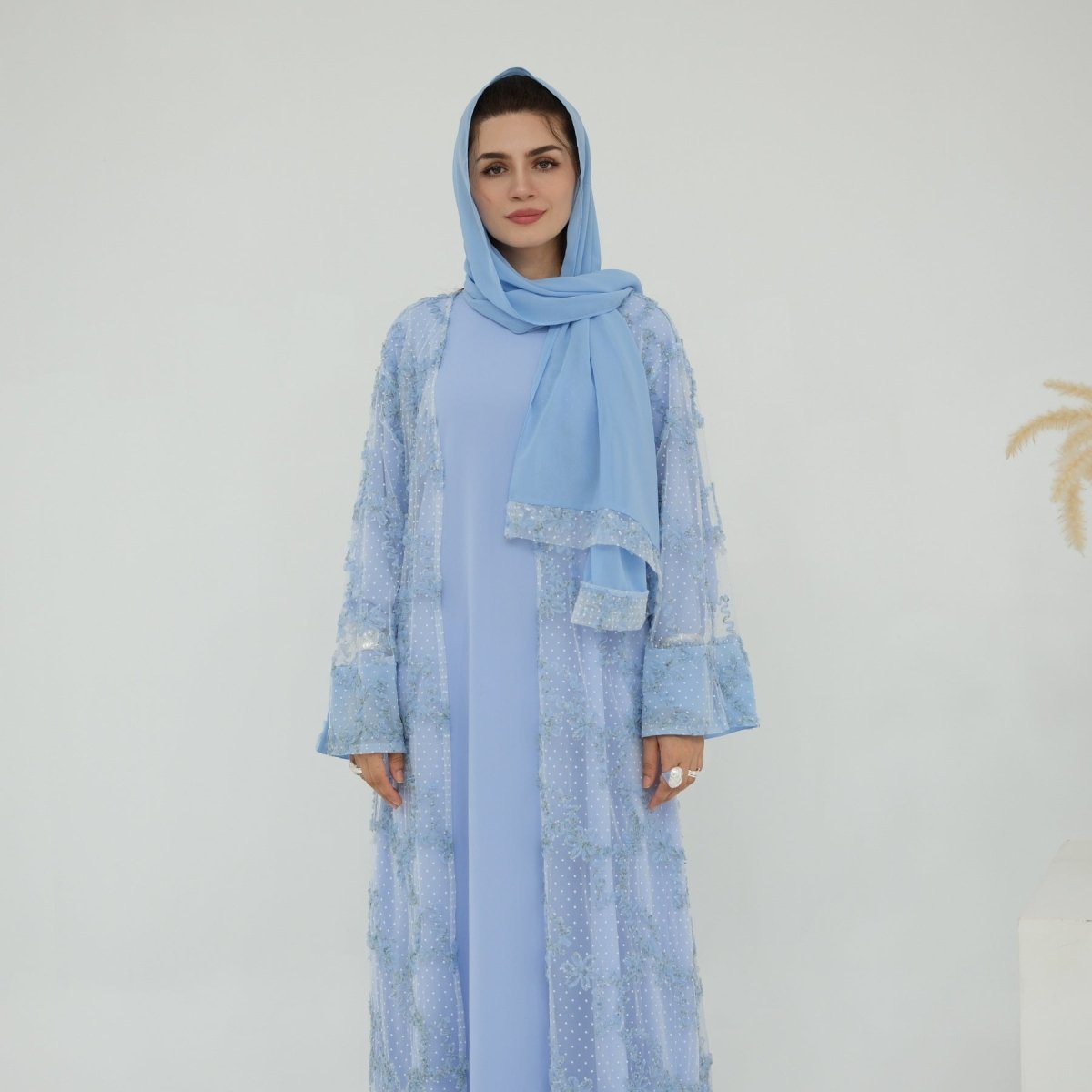 3D Floral Mesh Open Abaya(MOA288) - Mariam's Collection