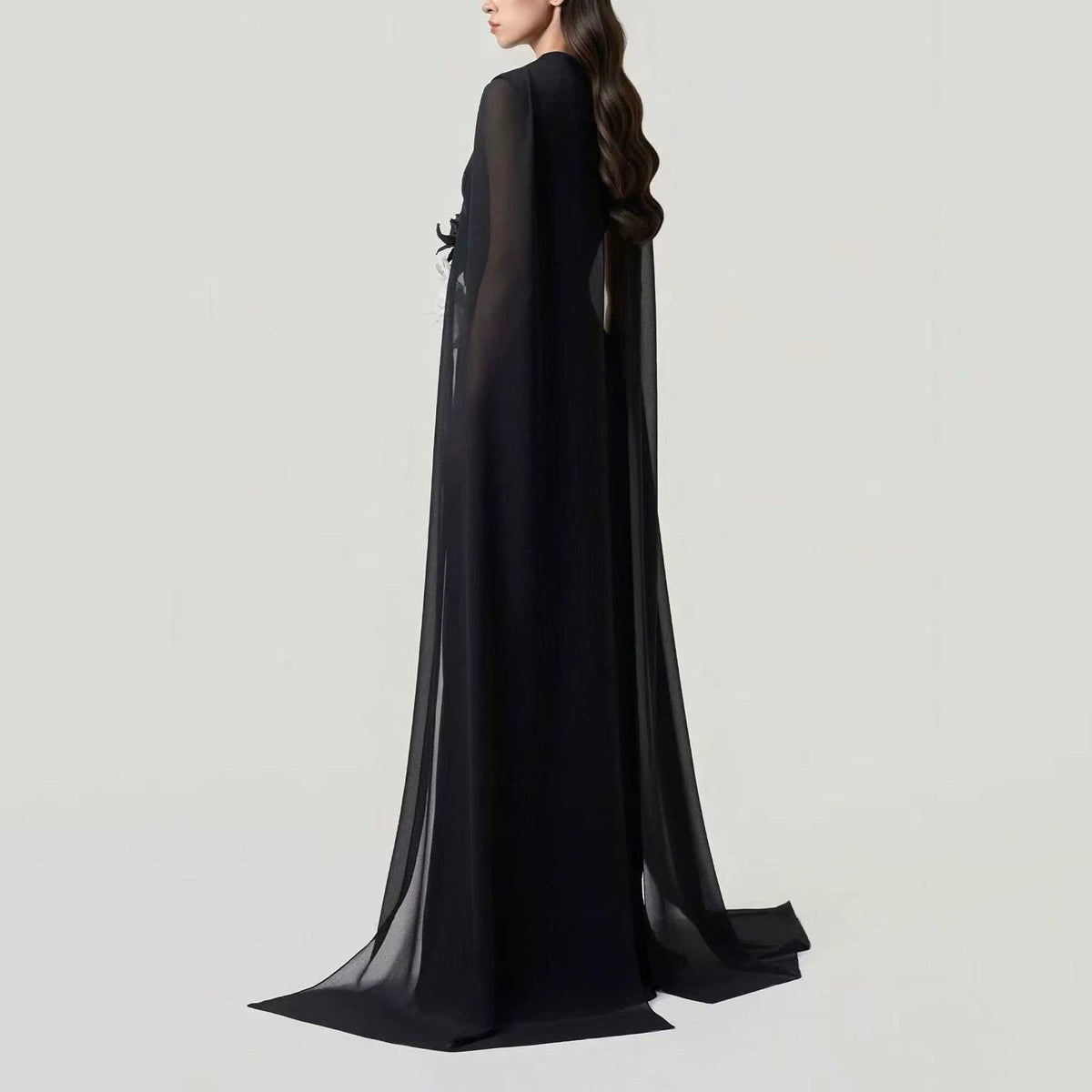 3D Floral Waist Evening Maxi Dress | Sheer Mesh Raglan-Sleeve Gown(MS566) - Mariam's Collection