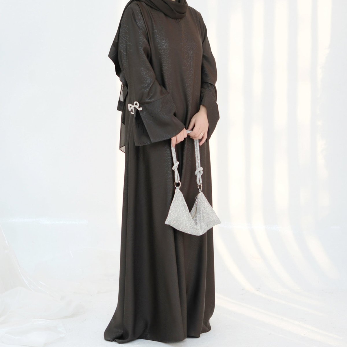 3D Jacquard Bow Abaya & Hijab Set | Butterfly Sleeve Brocade Dress(MA352) - Mariam's Collection