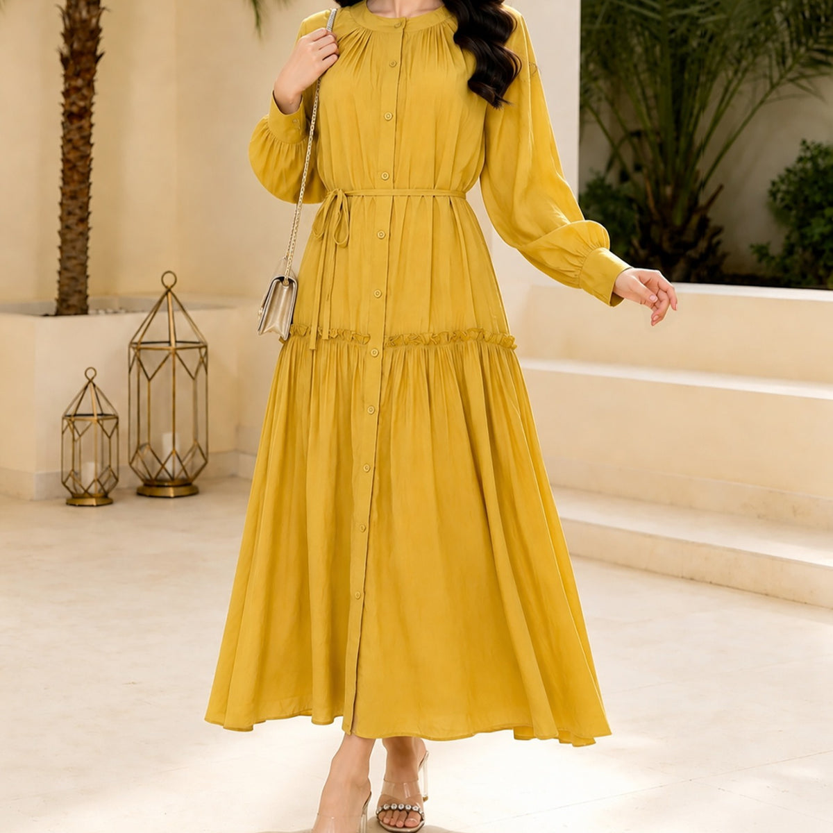 Solid Colour Tie-Waist Maxi Dress(MA472)