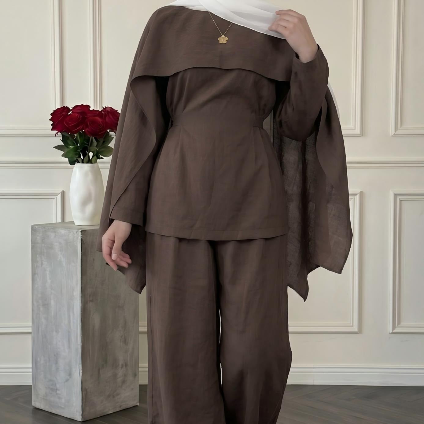 Detachable Shawl Long-Sleeve Top & Wide-Leg Trousers Three-Piece Co-ord Set(MS487)