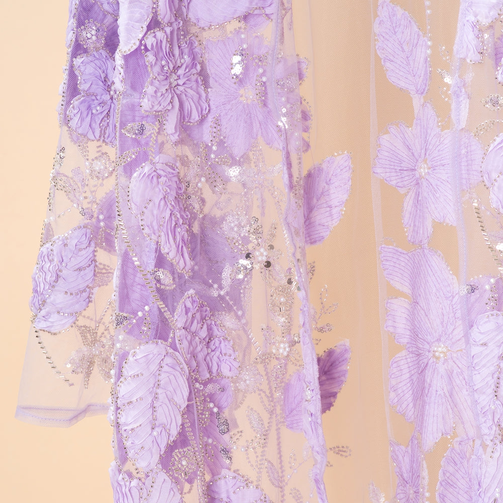 Luxury 3D Floral Beaded Embroidered Mesh Open Abaya– Lavender Occasion Abaya (MOA304)