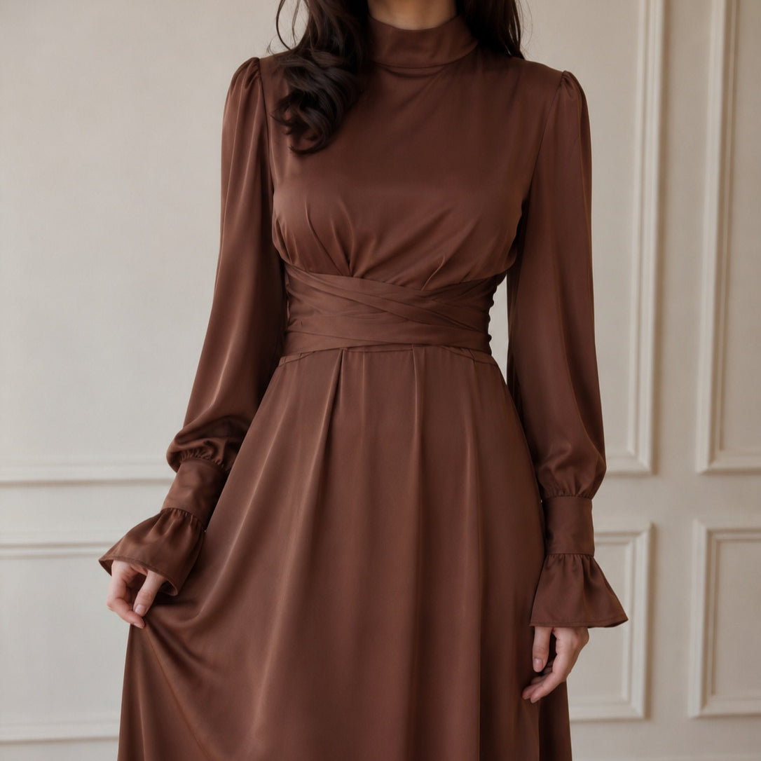 Satin Cross-Wrap Waist Maxi Dress(MS506)