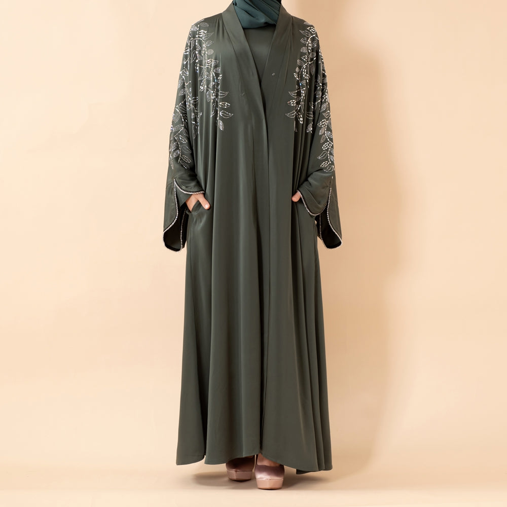 Leaf Embellishment Satin 3-Piece Abaya Set for Eid (MOA244)
