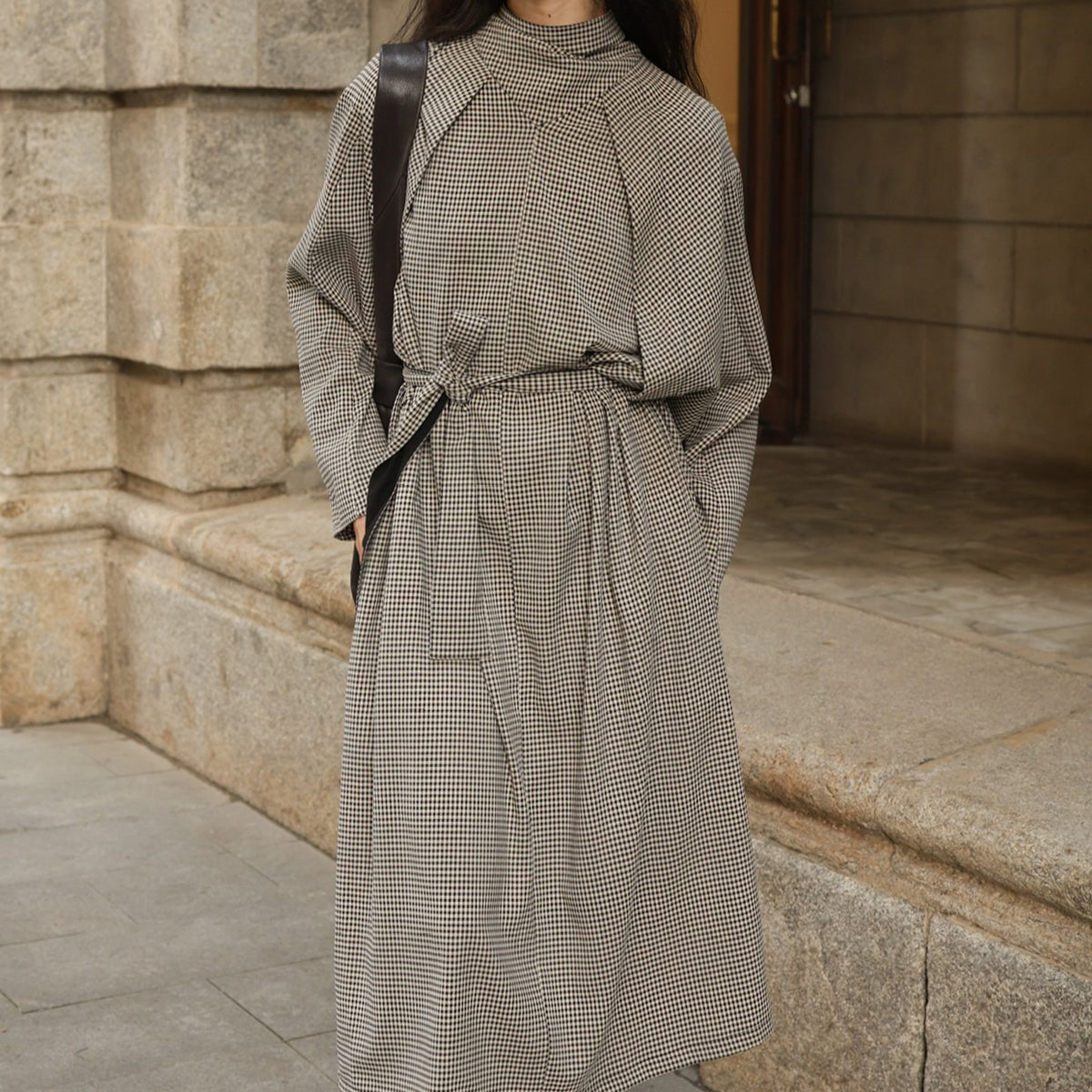 Plaid Belted Trench Dress(MS552)