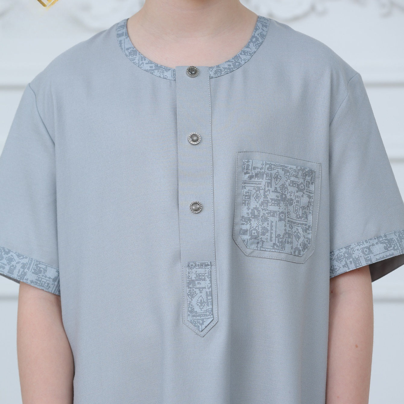 Boys Light Grey Short Sleeve Embroidered Thobe(MKB020)