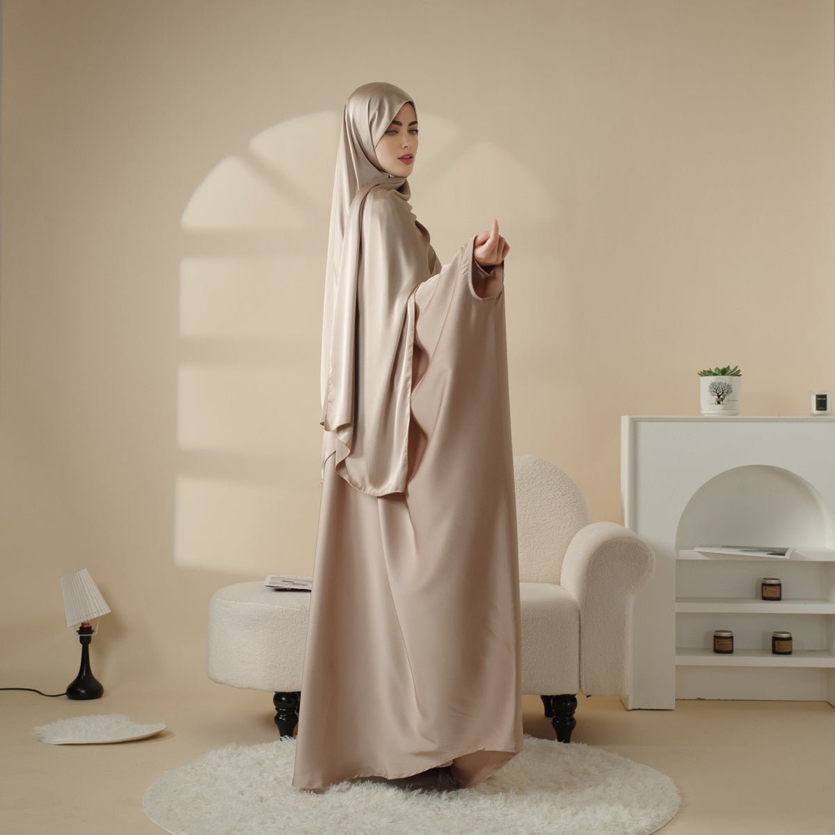 5 - Piece Set Butterfly Abaya With Niqab, Loose Full Cover Satin Abaya (MOA019) - Mariam's Collection