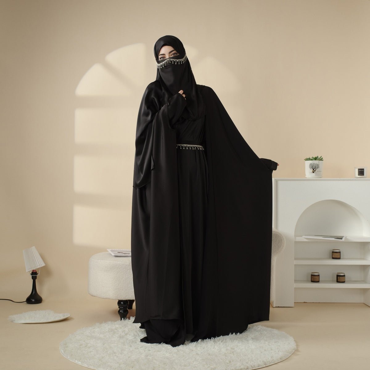 5 - Piece Set Butterfly Abaya With Niqab, Loose Full Cover Satin Abaya (MOA019) - Mariam's Collection