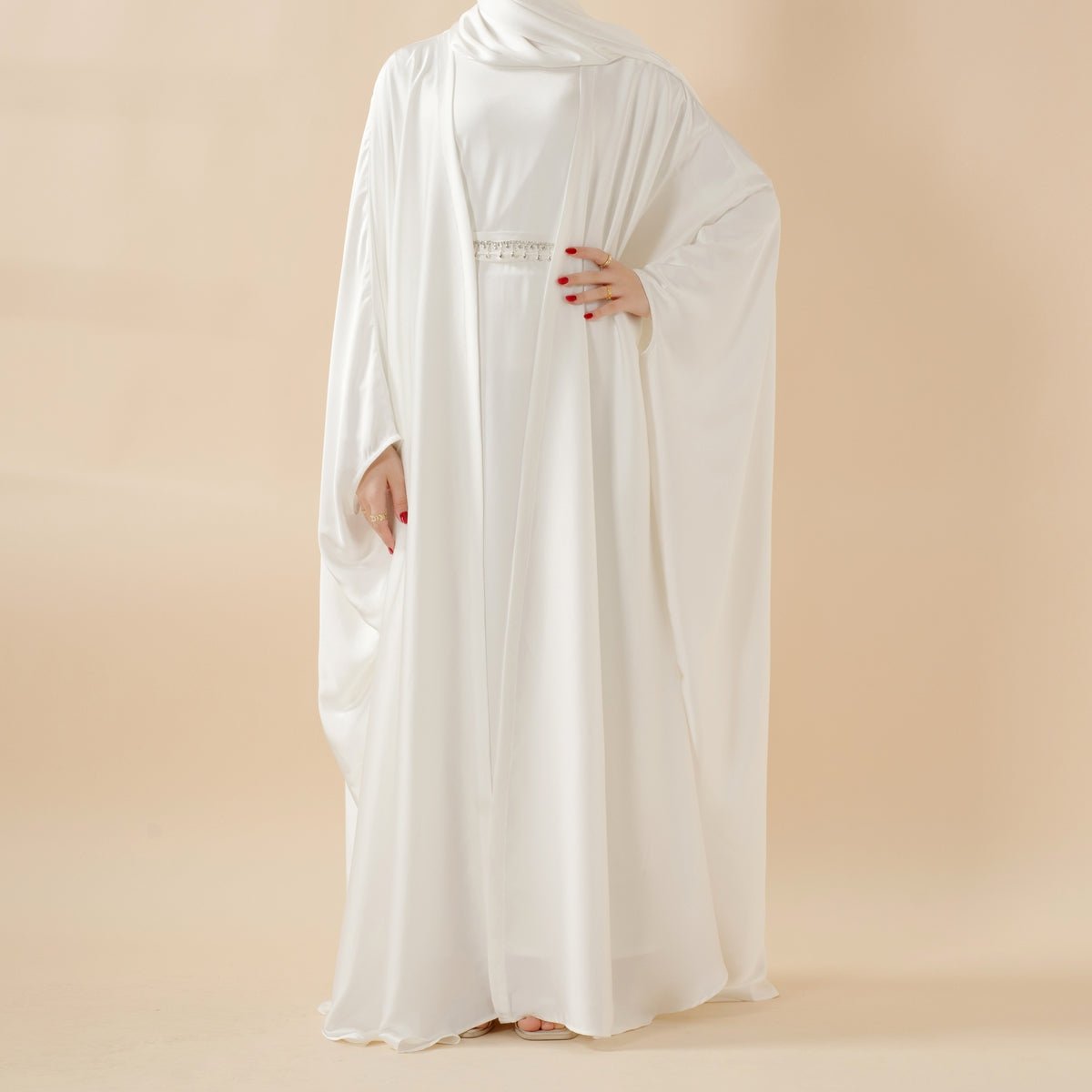 5 - Piece Set Butterfly Abaya With Niqab, Loose Full Cover Satin Abaya (MOA019) - Mariam's Collection