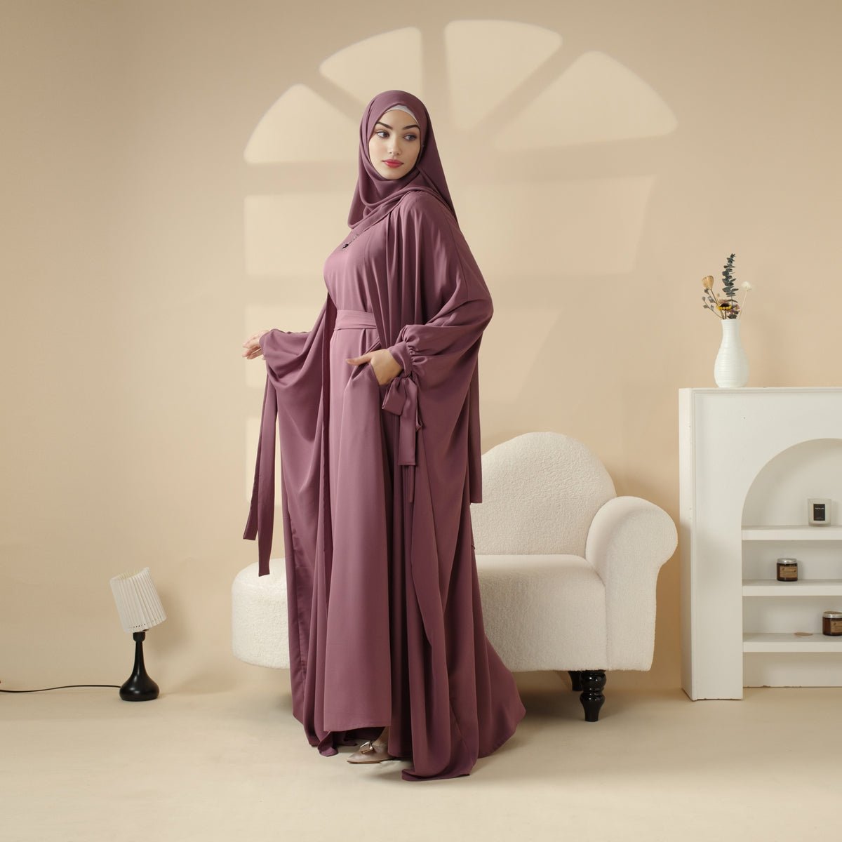 5 - Piece Set Farasha Abaya, Premium Farasha Textured Open Abaya (MOA095) - Mariam's Collection