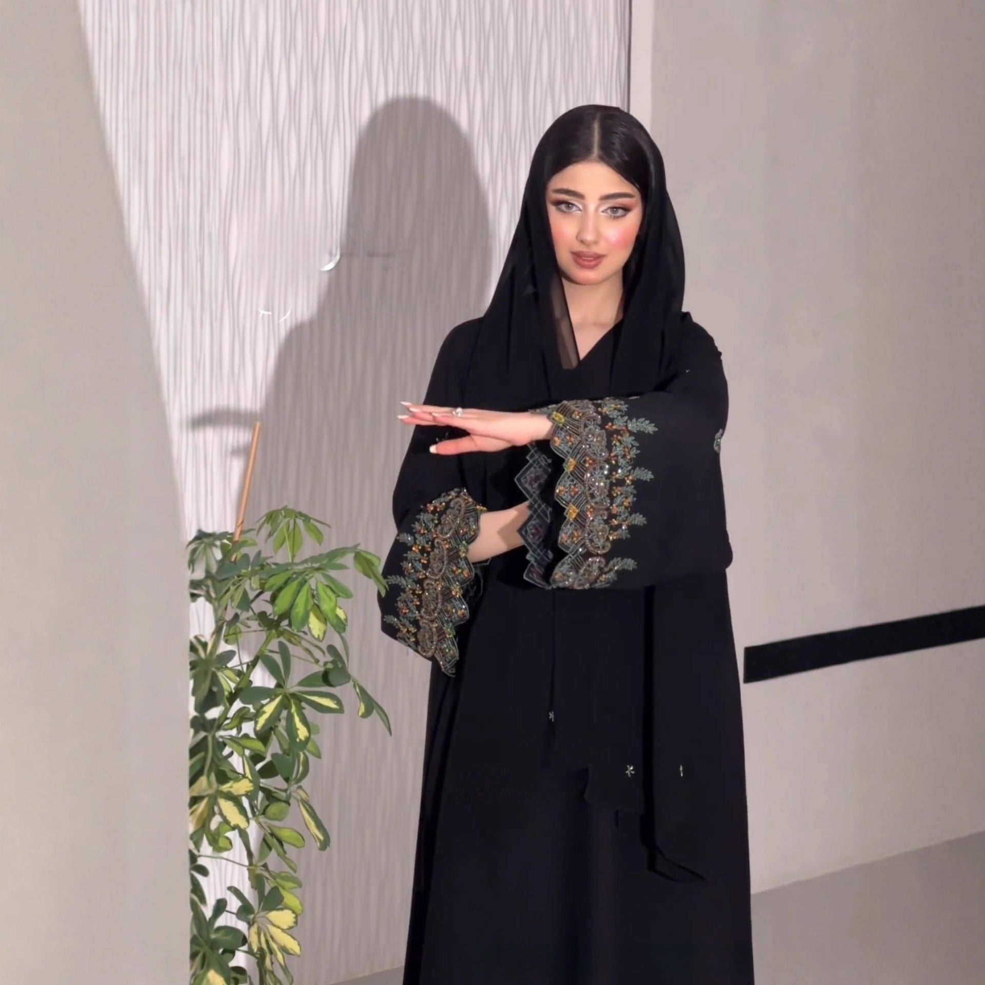 Black Abaya with Beaded Embroidered Cuffs & Hijab Set(MOA278)