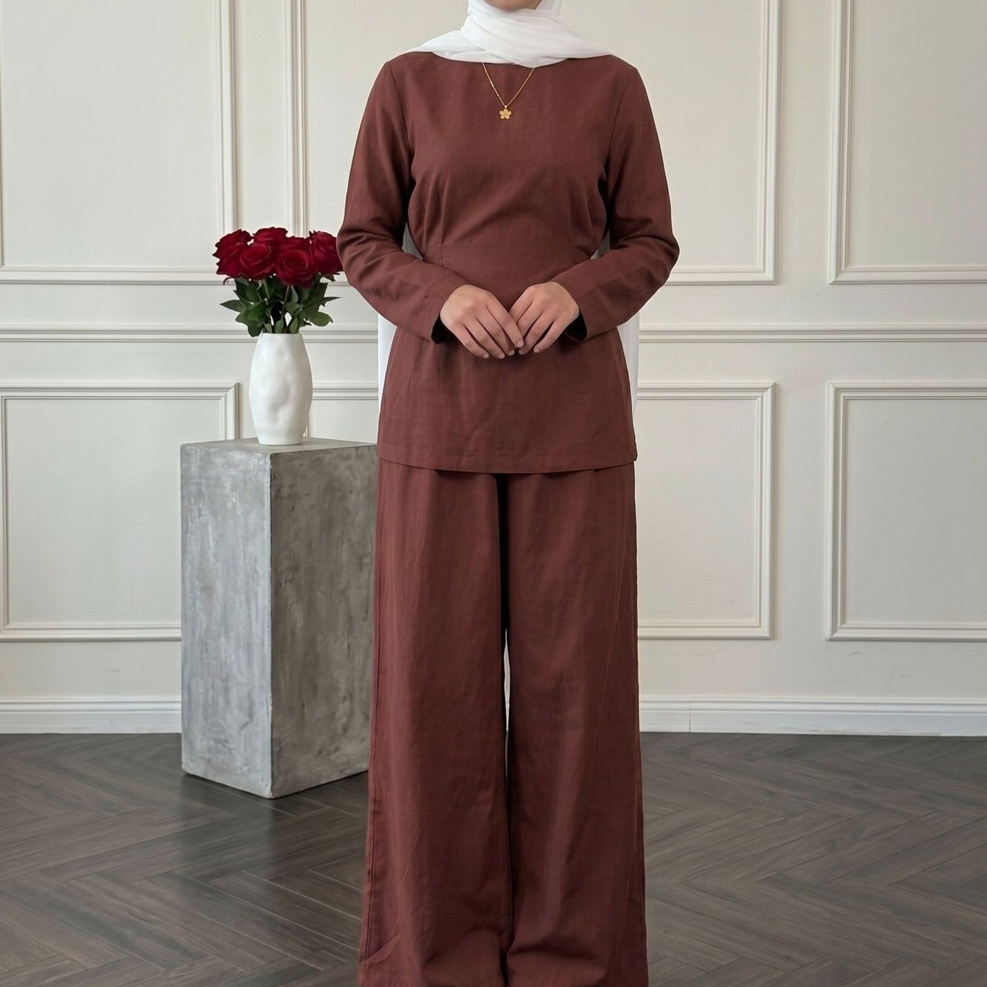 Detachable Shawl Long-Sleeve Top & Wide-Leg Trousers Three-Piece Co-ord Set(MS487)