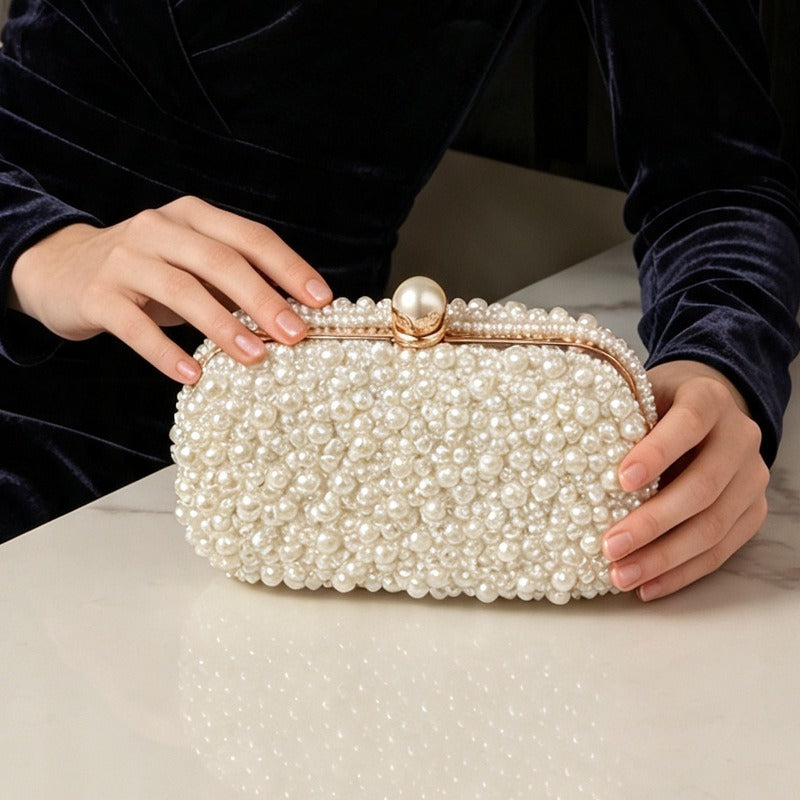Elegant Faux Pearl Evening Clutch Bag - Vintage Style Beaded Handbag & Crossbody Purse for Weddings & Parties(MAC491)