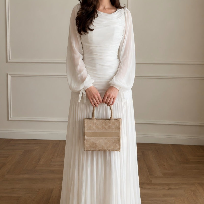Cowl Neck Ruched Bodice Lantern Sleeve Pleated Maxi Dress(MS534)
