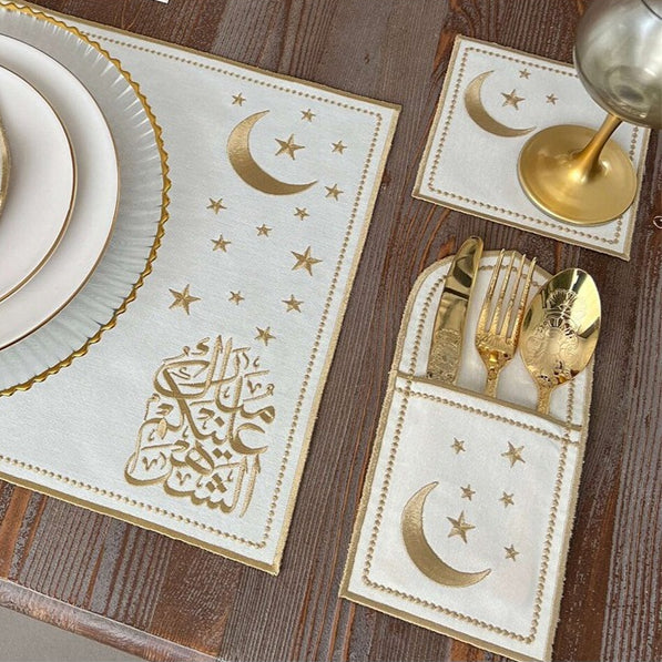 Star & Crescent Embroidered Leather Placemat Set | 3-Piece Dining Table Decor (MAC390)