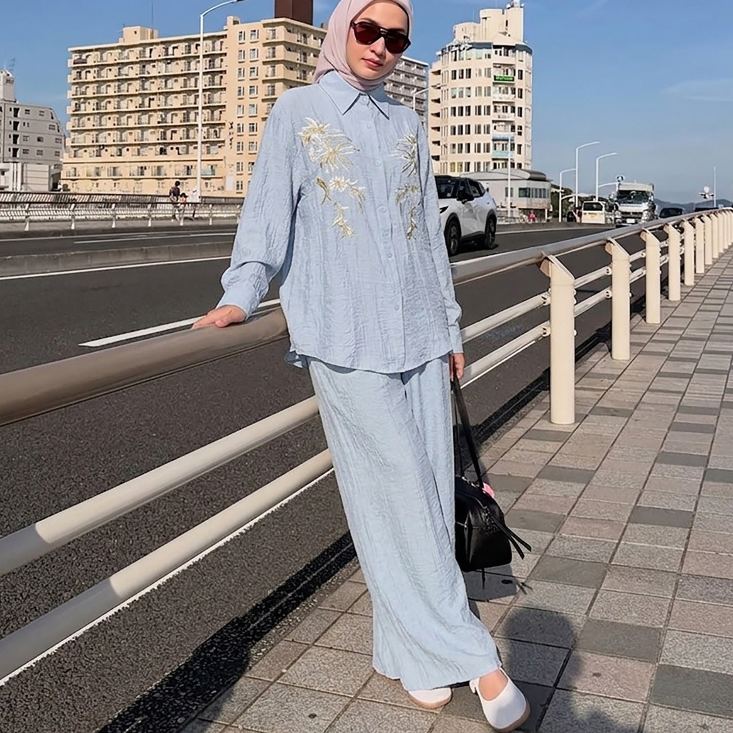 Floral Embroidered Shirt & Wide-Leg Trousers Two-Piece Co-ord Set(MS511)
