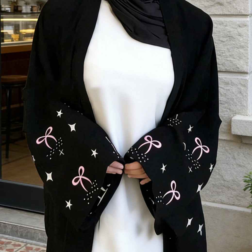 Pink Bow & Star Embroidered Open Abaya(MOA345)