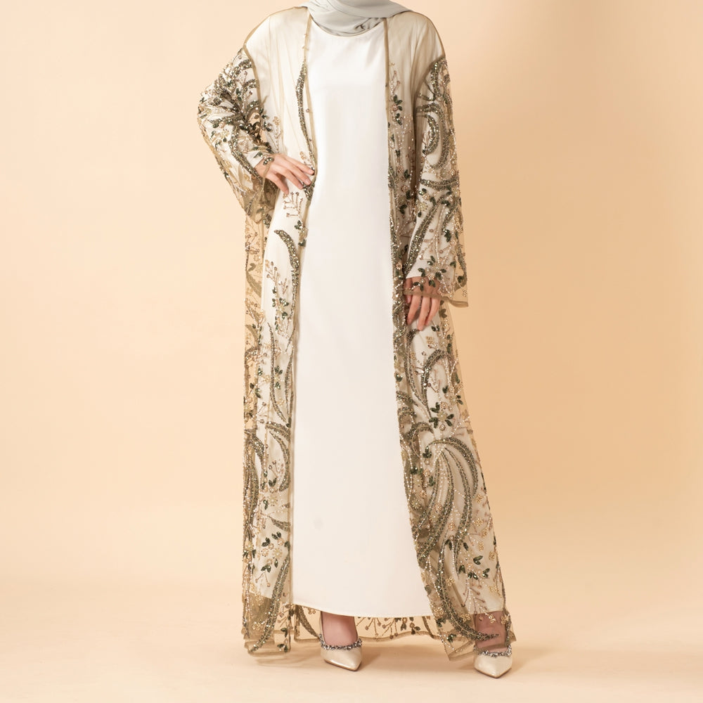 Luxury Hand-Beaded Sequin Embroidered Open Abaya for Eid & Wedding Occasions (MOA305)