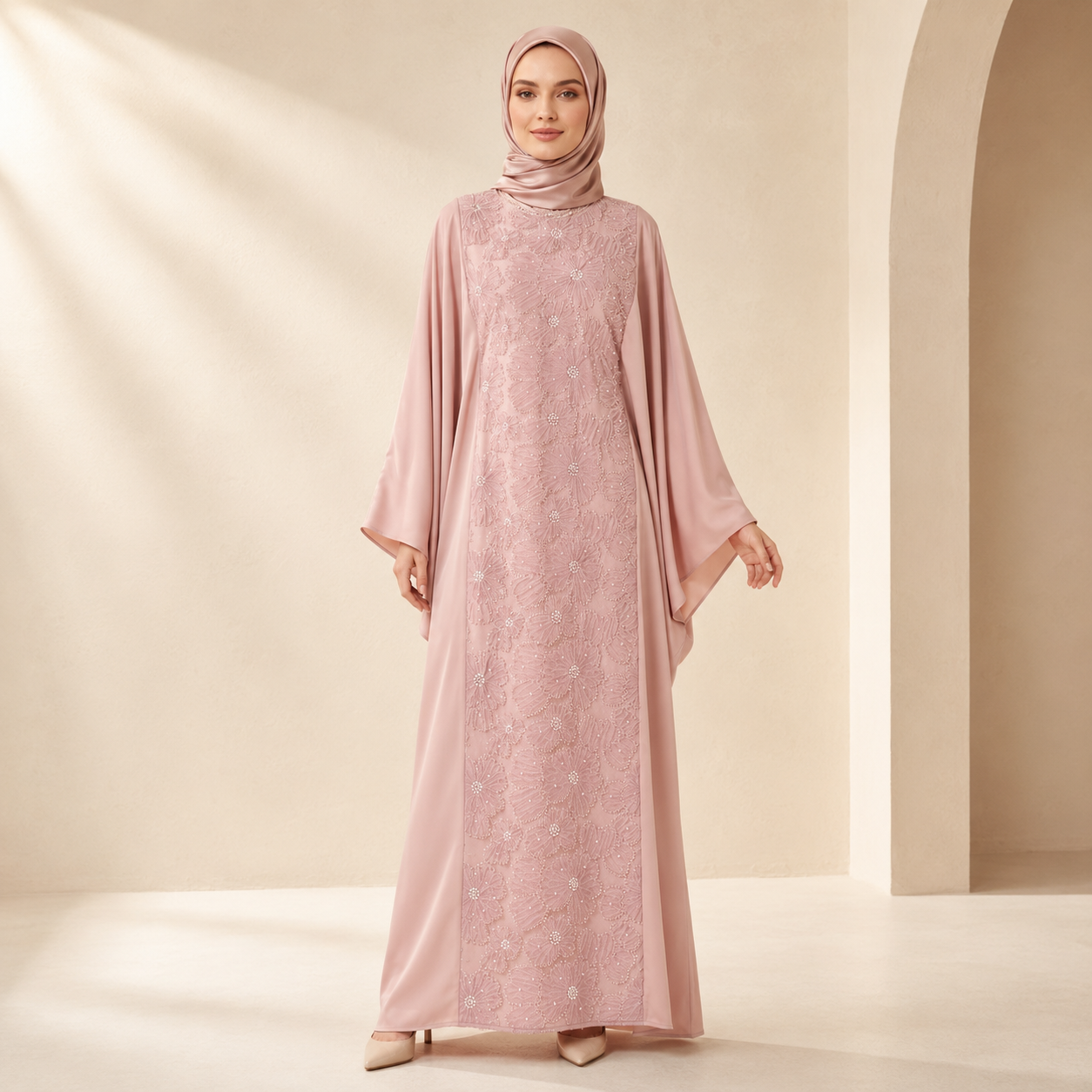 Luxury 3D Ribbon Embroidered Batwing Abaya with Adjustable Waist Tie (MA431)