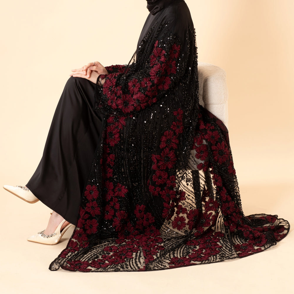 Luxury 3D Floral Beaded Sequin Embroidered Open Abaya for Eid & Wedding (MOA307)