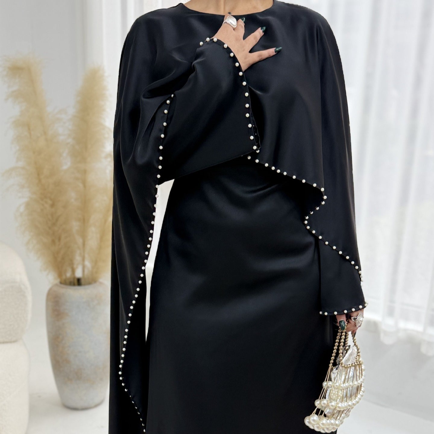 Pearl Embellished Kaftan Abaya | Luxury Cape Sleeve Maxi Dress(MA382)