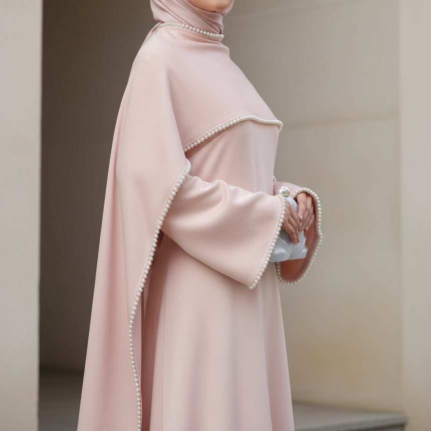 Elegant Pearl Embellished Cape Sleeve Evening Dress(MA337)