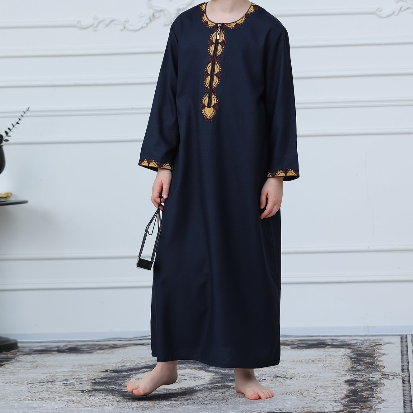 Boys Embroidered Thobe with Gold Trim(MKB017)