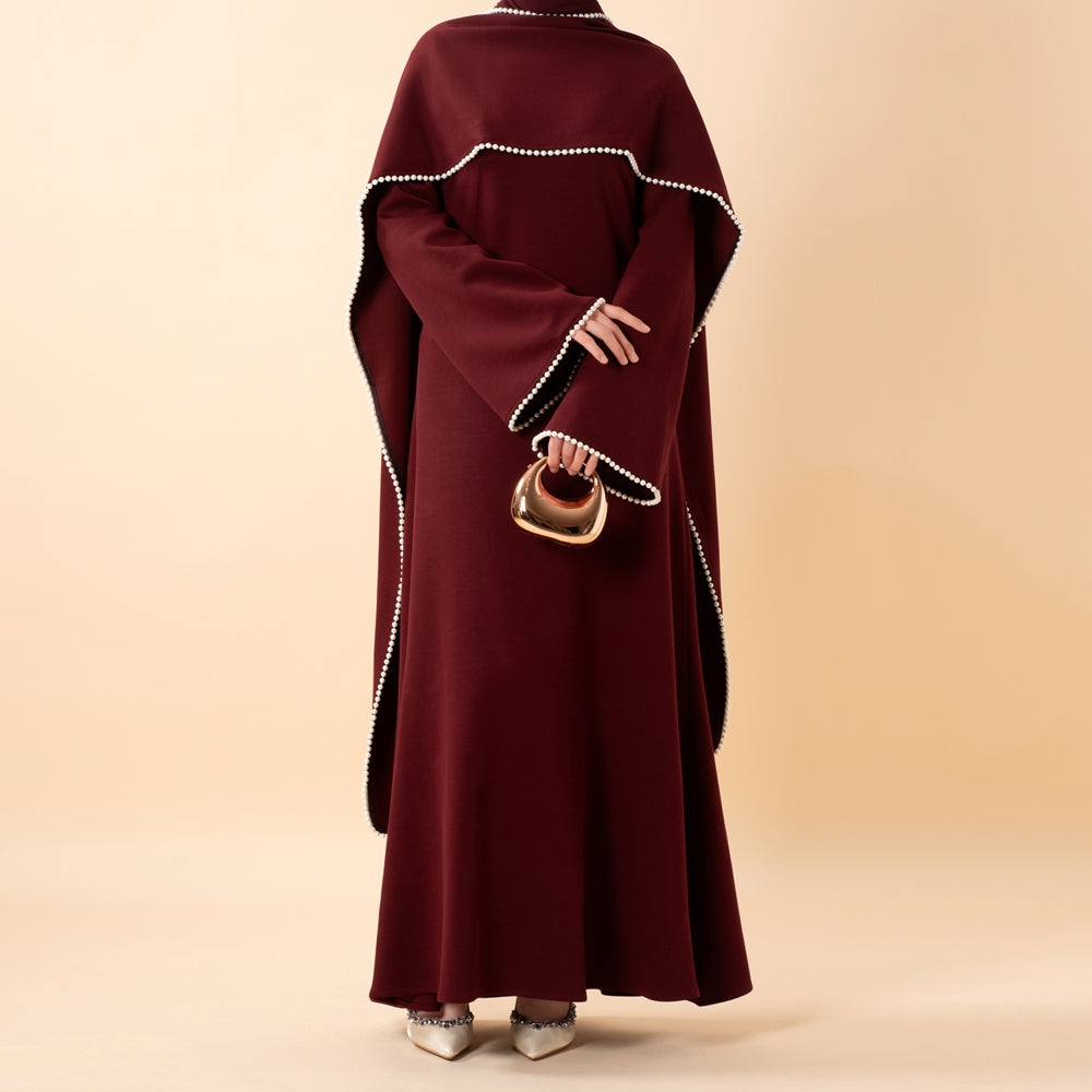 Elegant Pearl Embellished Cape Sleeve Evening Dress(MA337)