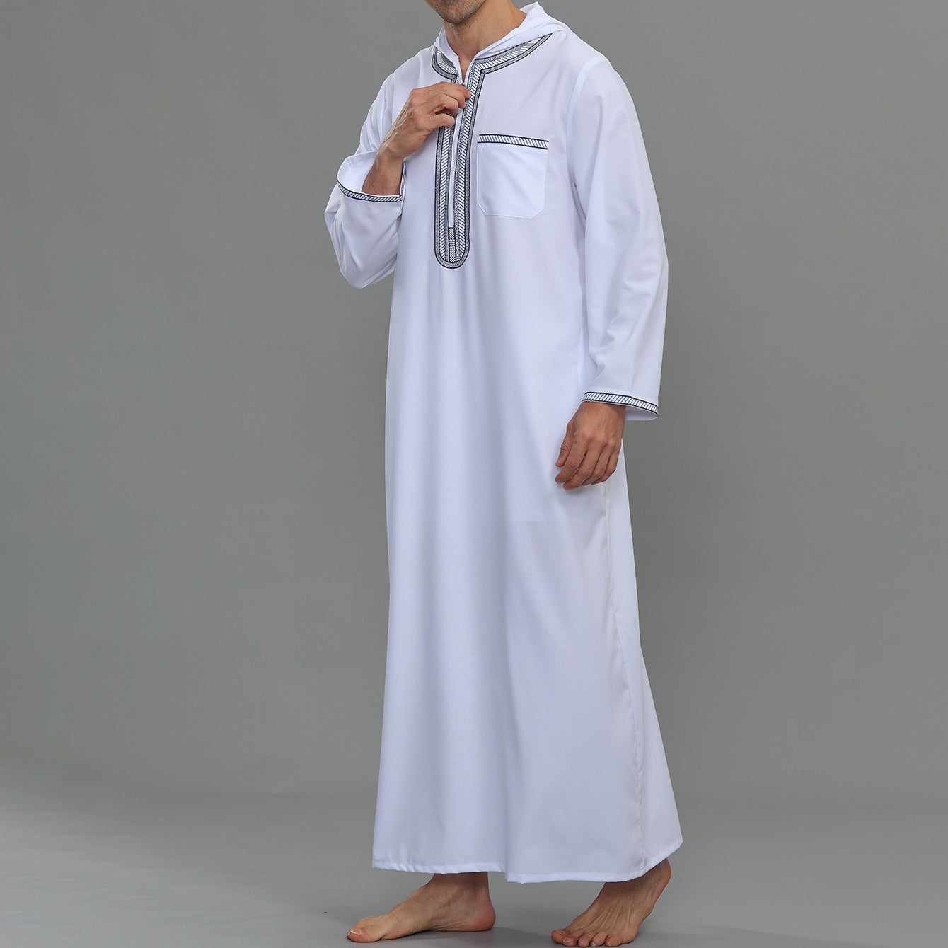 Men's Hooded Embroidered Thobe with Pockets(MT037)