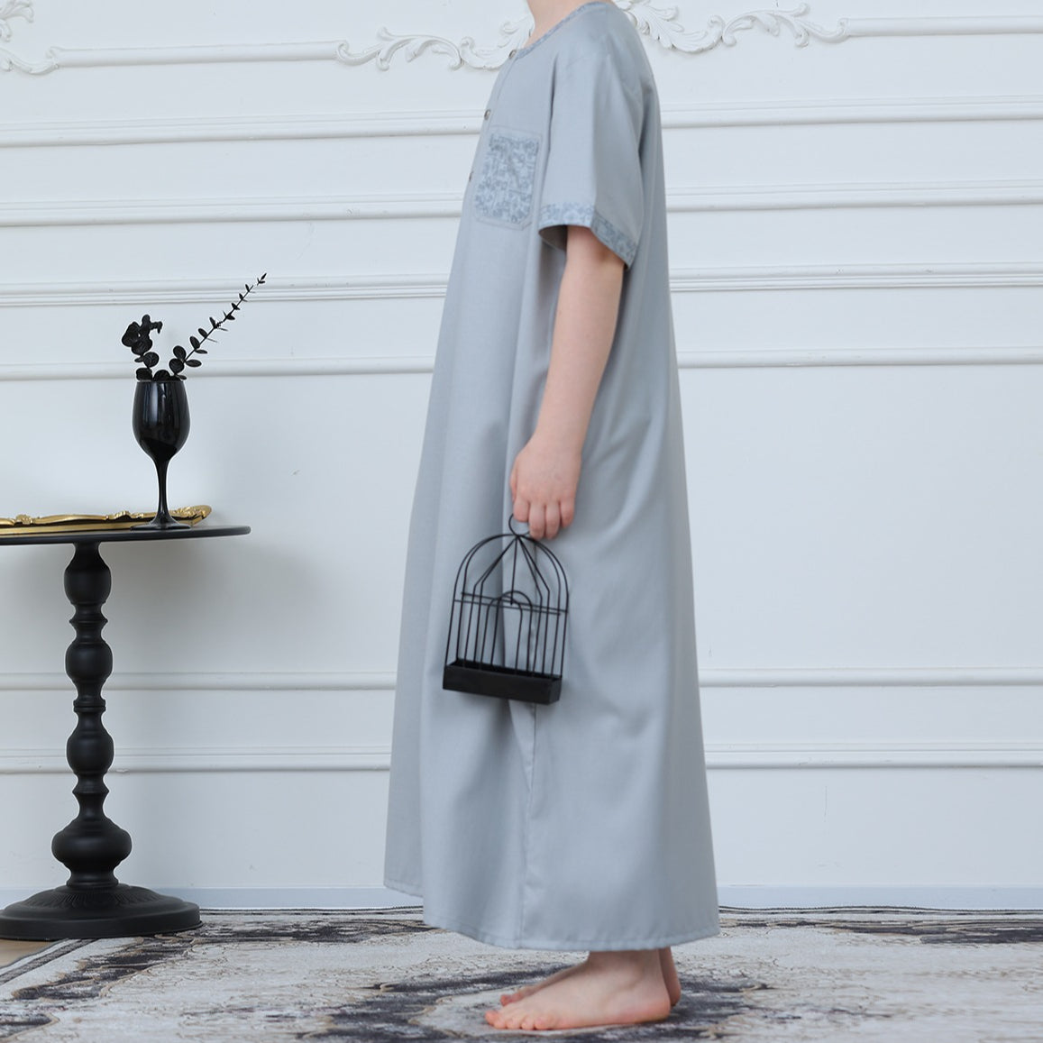 Boys Light Grey Short Sleeve Embroidered Thobe(MKB020)