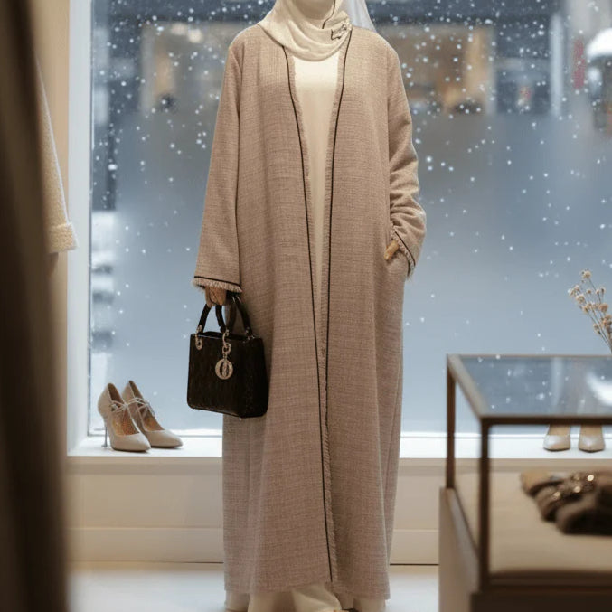 Plaid Tweed Open Abaya Coat with Fringe Details (MOA104)