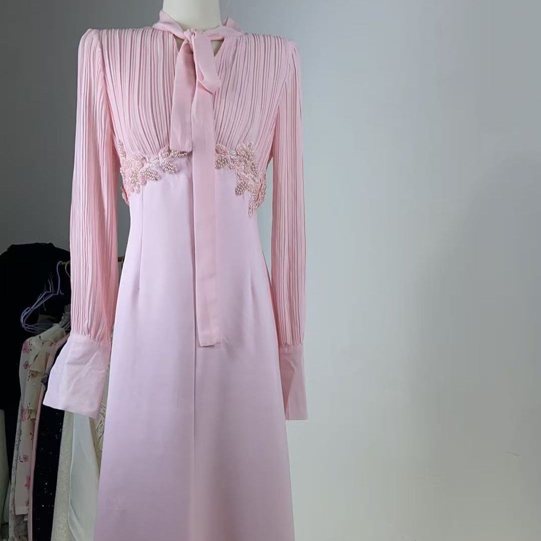 French-Style Pleated Bodice Dress with Bow-Neck(MS309)