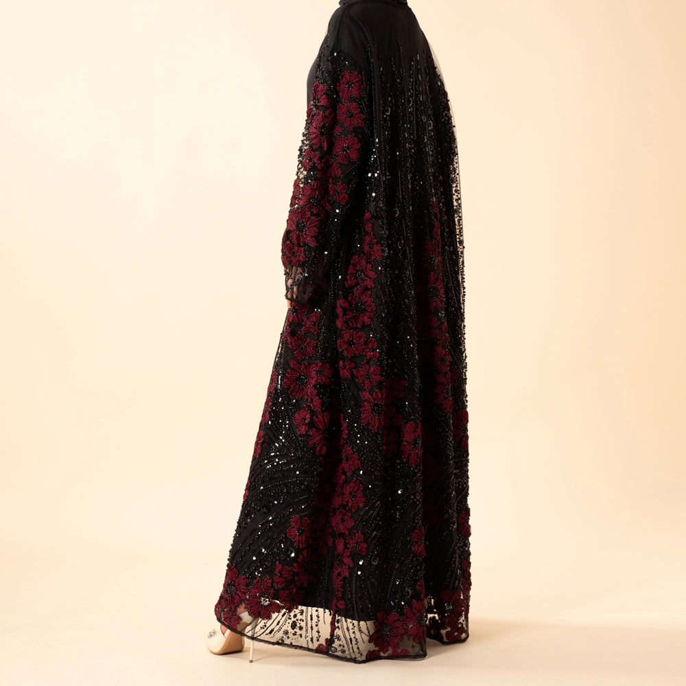 Luxury 3D Floral Beaded Sequin Embroidered Open Abaya for Eid & Wedding (MOA307)