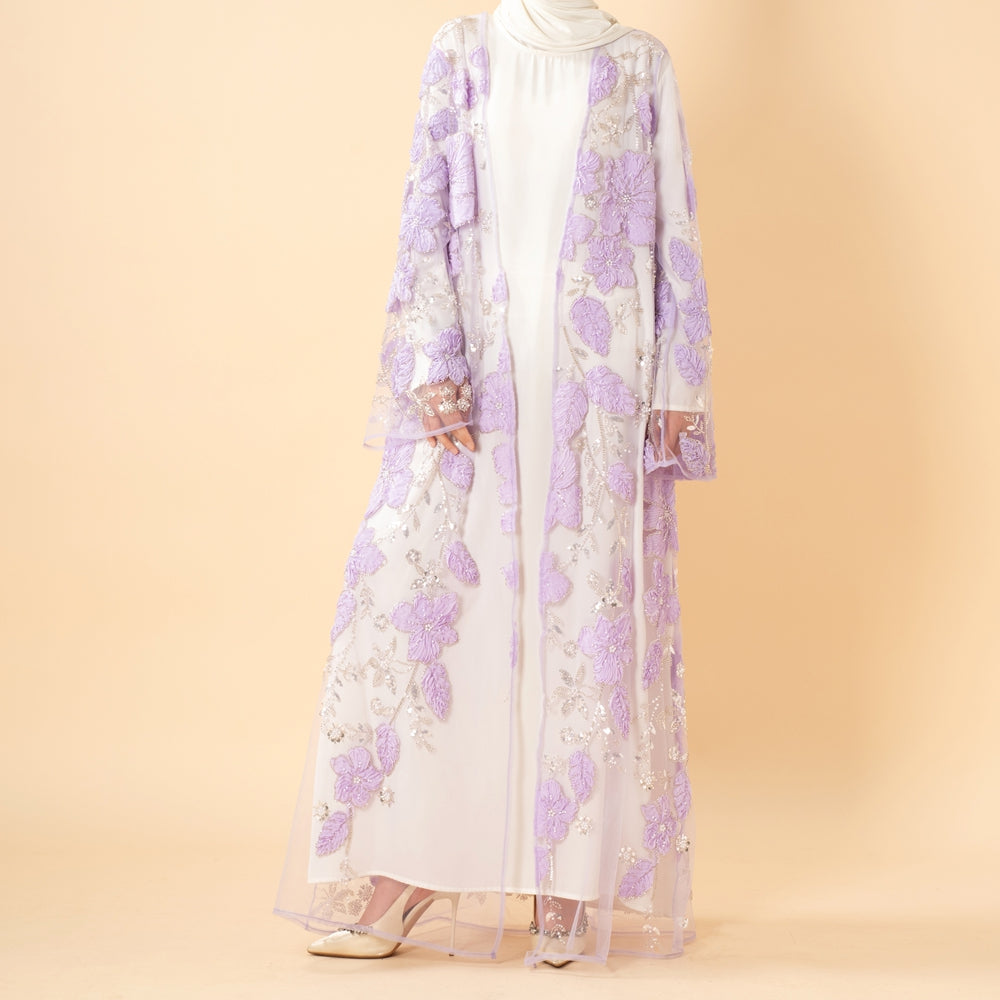 Luxury 3D Floral Beaded Embroidered Mesh Open Abaya– Lavender Occasion Abaya (MOA304)