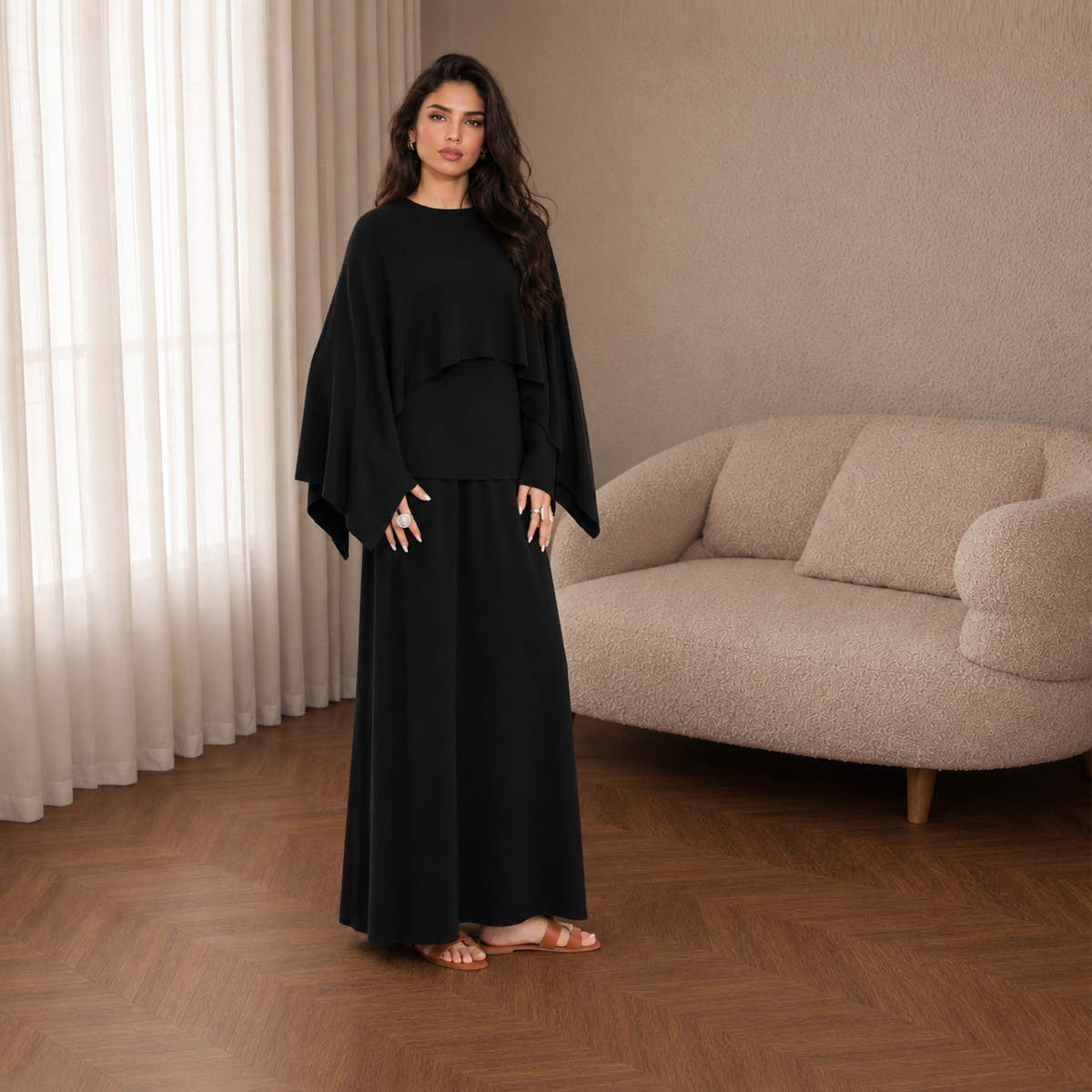Modest Cape Knit Top & Maxi Skirt Set(MS537)