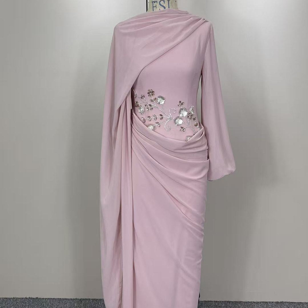 Rhinestone Floral Chiffon-Effect Evening Dress(MS591)