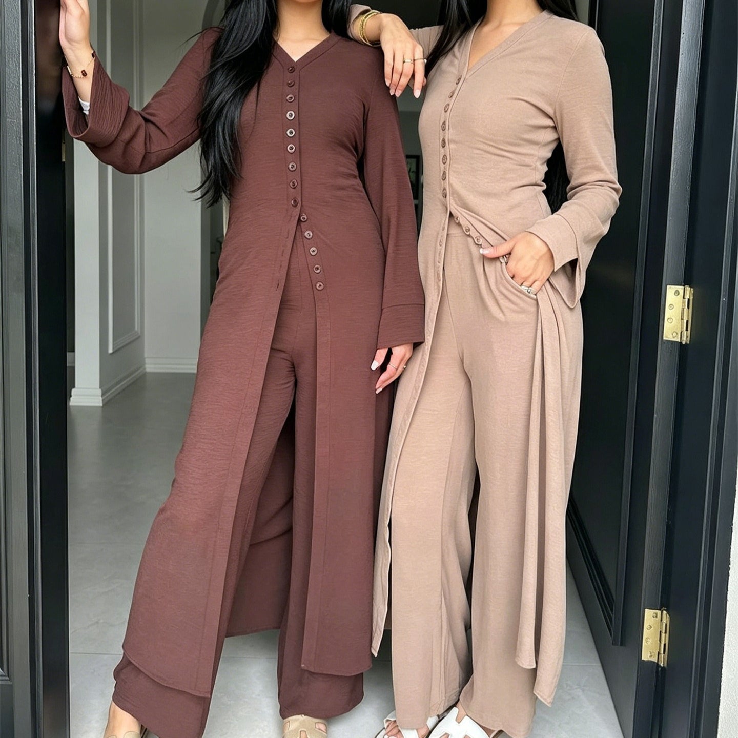 V-Neck Button-Through Longline Cardigan & Wide-Leg Trouser Set(MS470)