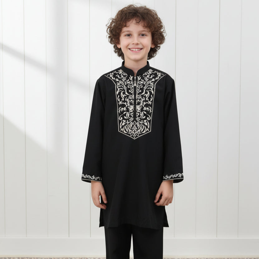 Boys Black Embroidered Tunic & Pants Set(MKB021)