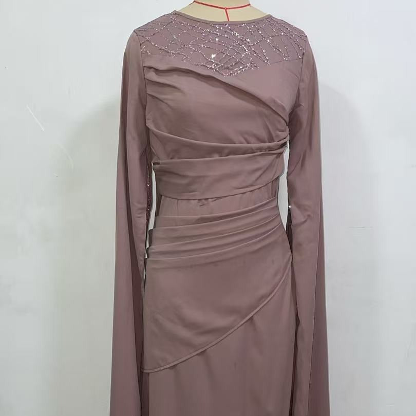 Sequin Embellished Formal Dress | Long Sleeve Ruched Bodycon Dress(MS272)