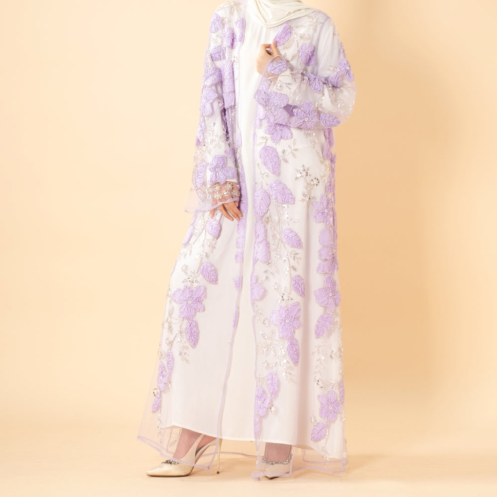 Luxury 3D Floral Beaded Embroidered Mesh Open Abaya– Lavender Occasion Abaya (MOA304)