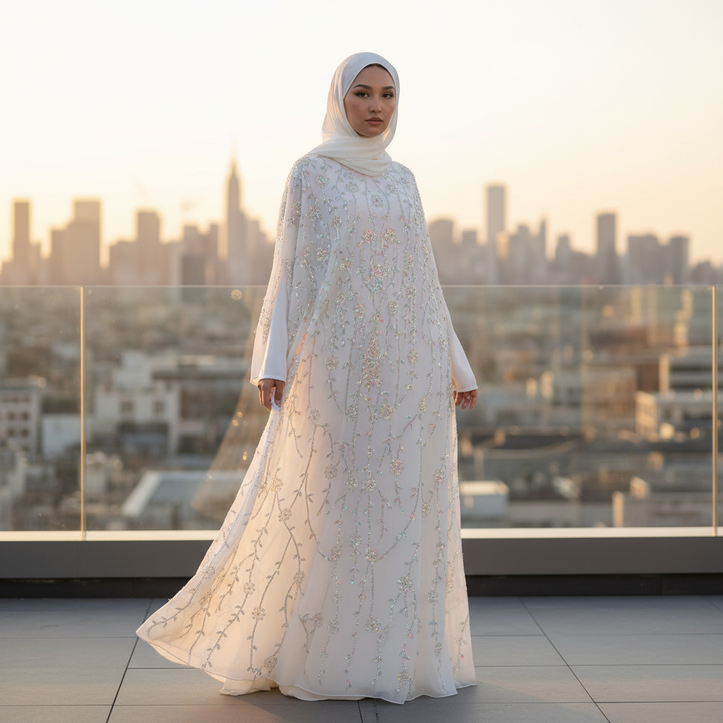 Luxury Crystal Embellished Cape Abaya Set with Modal Long-Sleeve Inner Dress(MA390)